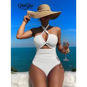 Women's One Piece Swimsuit Solid White Halter Cut-Out Tummy Control Vacation Resort Swimwear