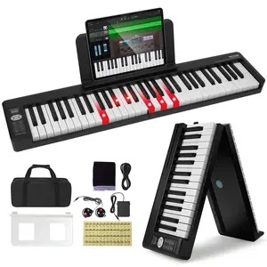 【Summervibes】VEVOR 61 Key Folding Keyboard Piano,  , Bluetooth & MIDI, Portable Electronic Digital Foldable Piano with Sustain Pedal Touch Sensitive Lighted Keys Bag, Rechargeable for Beginners Teens Adults, Black