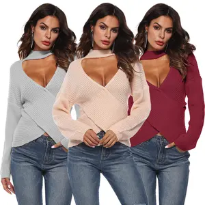 Autumn and Winter Models Sexy Irregular Cross-chest Long-sleeved Sweater Turtleneck Sweater