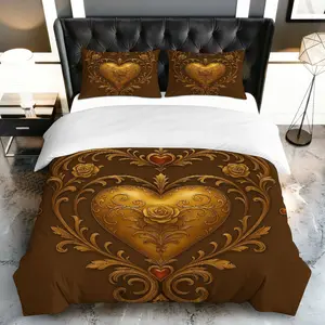 3PCS Duvet Cover Set, 1 Duvet+2 Pillowcases(Without filler), Vintage Heart Rose Floral Gold Rococo Romantic theme, Valentine's Day bedding set, Luxurious Ornament Suitable for decoration Bedroom, Hotel, Guest Room, Living Room