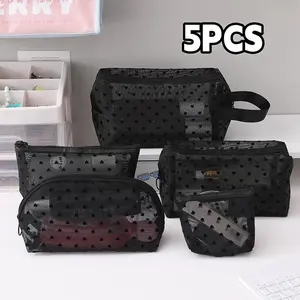 5pcs Heart Mesh Makeup Bags Set, Fashion Breathable Cosmetic Organizer Pouches, Compact Portable Travel Toiletry Bag for Daily Use, Women's Beauty Storage Accessories