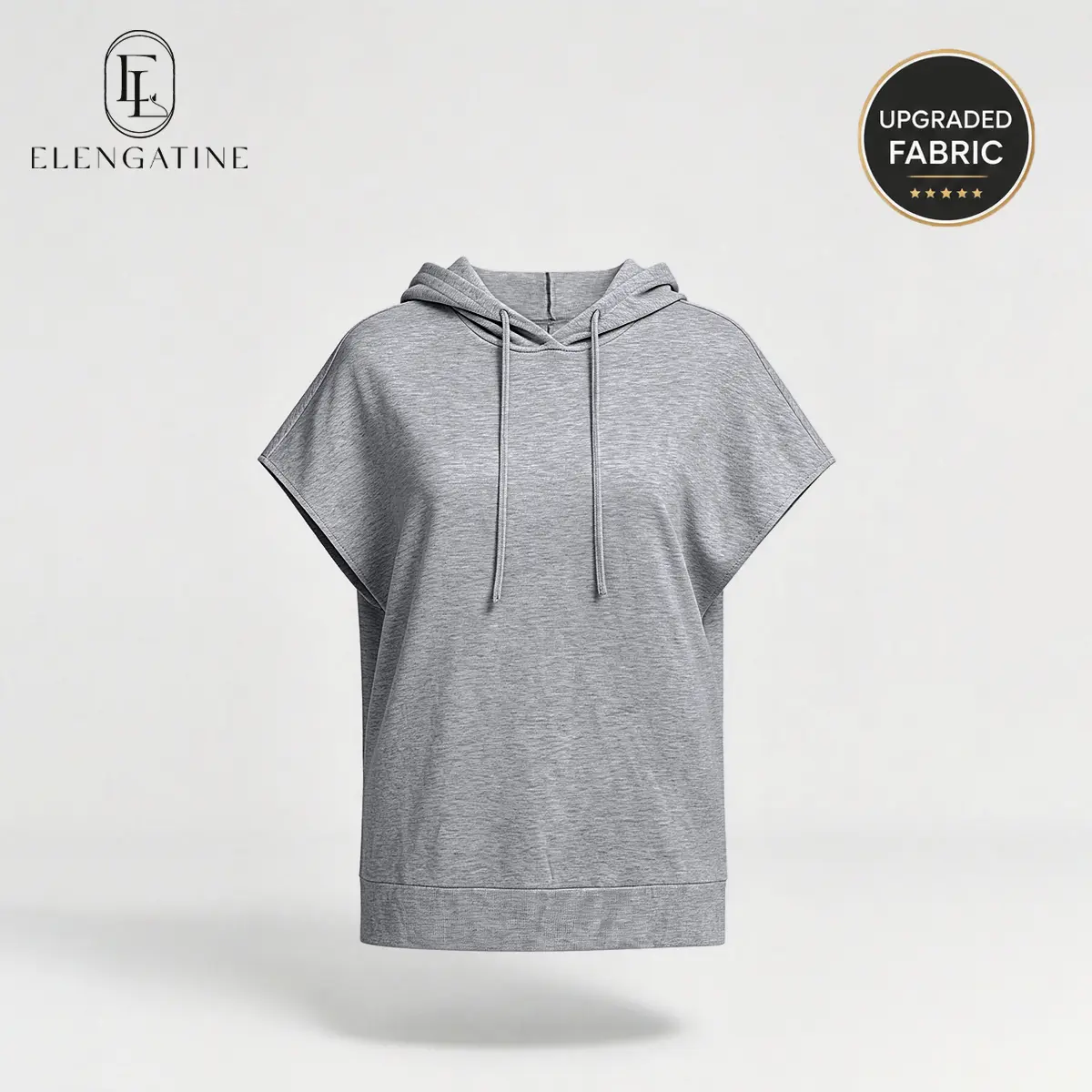 Women's Gray Basic Polyester Baggy Hoodie Top Lightweight Comfortable Casual Sweatshirt Fabric, Boxy Relaxed Silhouette, Short Dolman Shortsleeve, Longline Tunic with Side Slits, Ideal for Athleisure, Street Style