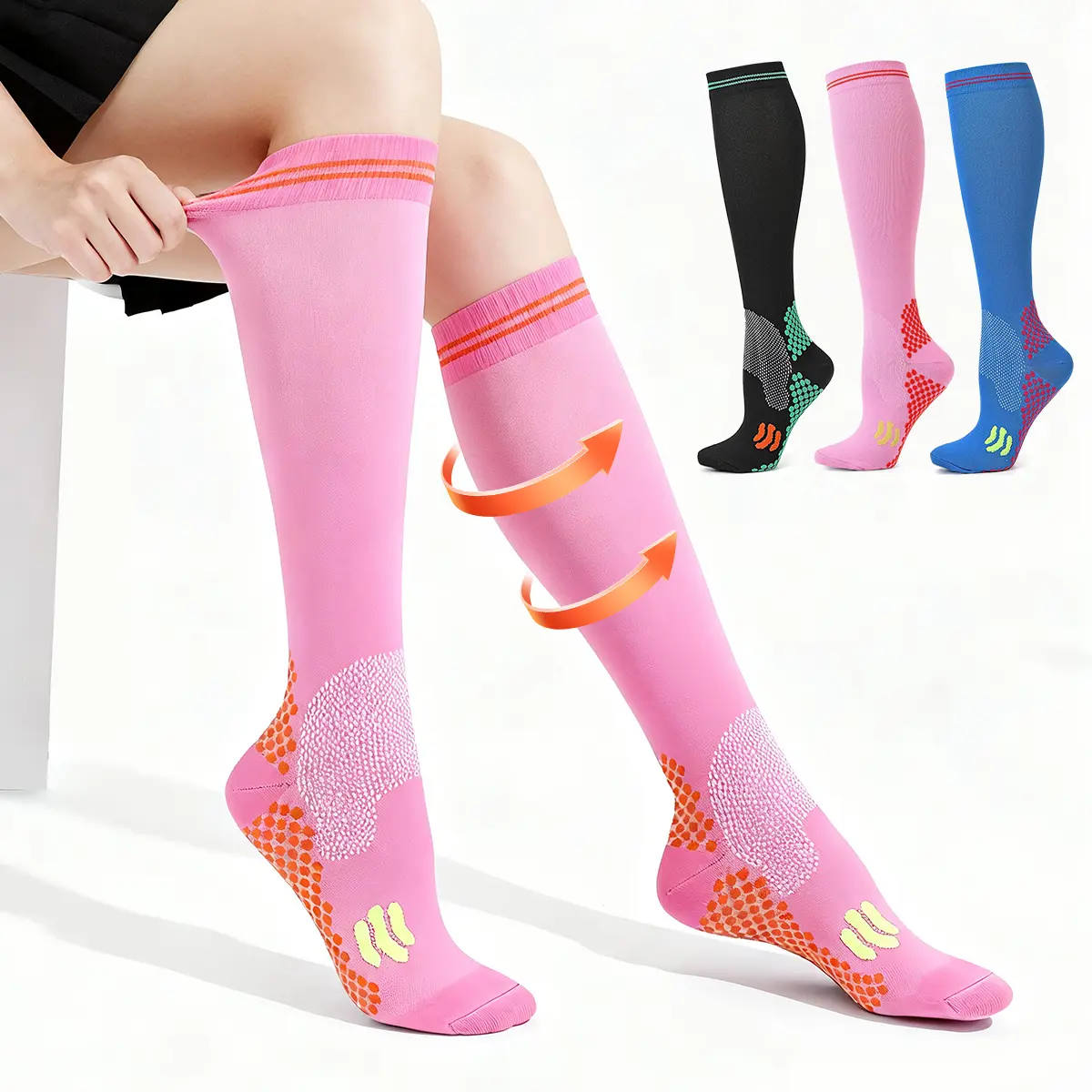 3Pairs Compression Knee High Socks for Men Women, 23-32mmHg Anti-Slip Cushioned Athletic Running Cycling Basketball Sports Compression Socks