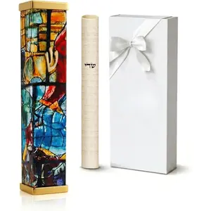 Mezuzah with Scroll for Door | 6 Inch Modern  Mezuzah Case | Fits 5 Inch Scroll |  &  Chagall-Inspired Design | Self Adhesive Easy Install | Judaica Jewish