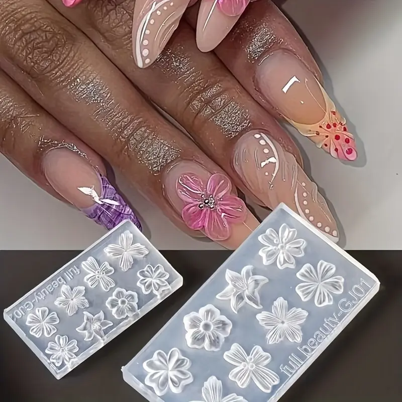 2pcs Nail Art Silicone Molds, 3D Embossed Flower Patterns, Clear Silicone Molds for Gel Nail Decoration, Flower Nail Art, Clay Crafts & Resin Projects, Nail Art Tool, Nail Art Supplies