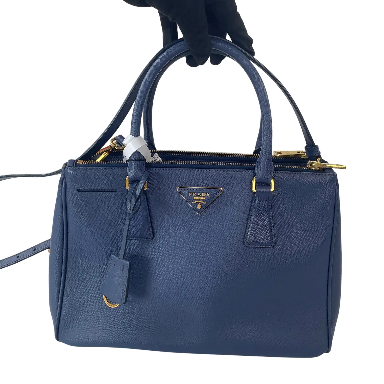 Pre-owned PRADA leather Crossbody Bags Saffiano Blue Medium Double Zip Satchel Bag with bag charm