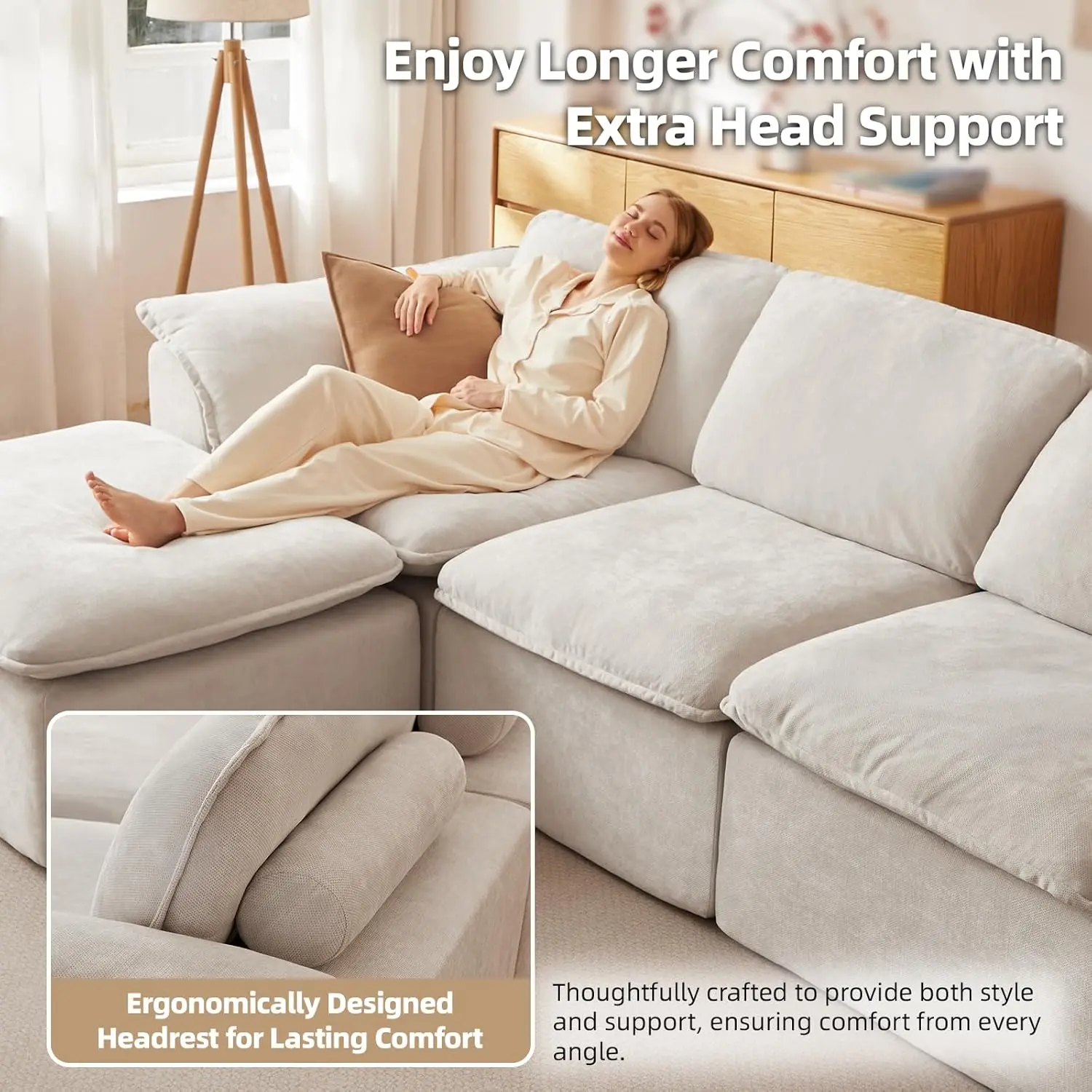 Inovaday 112" Cloud Sectional Boneless Couch with Padded Armrests & Moveable Ottoman Boneless, Plush Modern Modular Sofa with Deep Seat Upholstered Couches for Living Room White Couch No Assembly Required