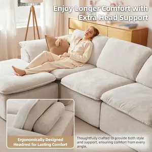 Inovaday 112" Cloud Sectional Boneless Couch with Padded Armrests & Moveable Ottoman Boneless, Plush Modern Modular Sofa with Deep Seat Upholstered Couches for Living Room White Couch No Assembly Required