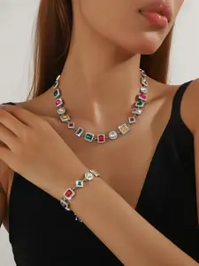 Luxury Hip Hop Cuban Geometric Square Necklace Bracelet Set, Fashionable Trendy Accessories, Stylish Jewelry for Men & Women, Modern Twist