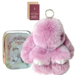 Handmade Bunny Lulu PomPom Keychain with Gold-Tone Clasp, Cute Gift Set in Tin Box with Greeting Card, Sweet Surprise Gift for Women, Mom, Girlfriend & Kids, Ideal Easter & Mother's Day Gift