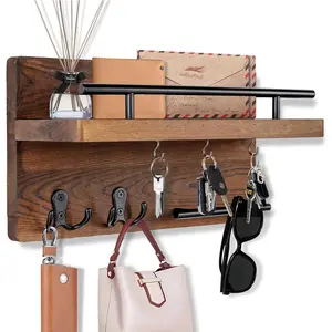 Wall Mounted Key Holder/Hangers for Wall Decorative with 5 Key Hooks, Wooden Mail Rack Organizer with Shelf, Rustic Home Decor for Entryway Mudroom Hallway Office, Brown