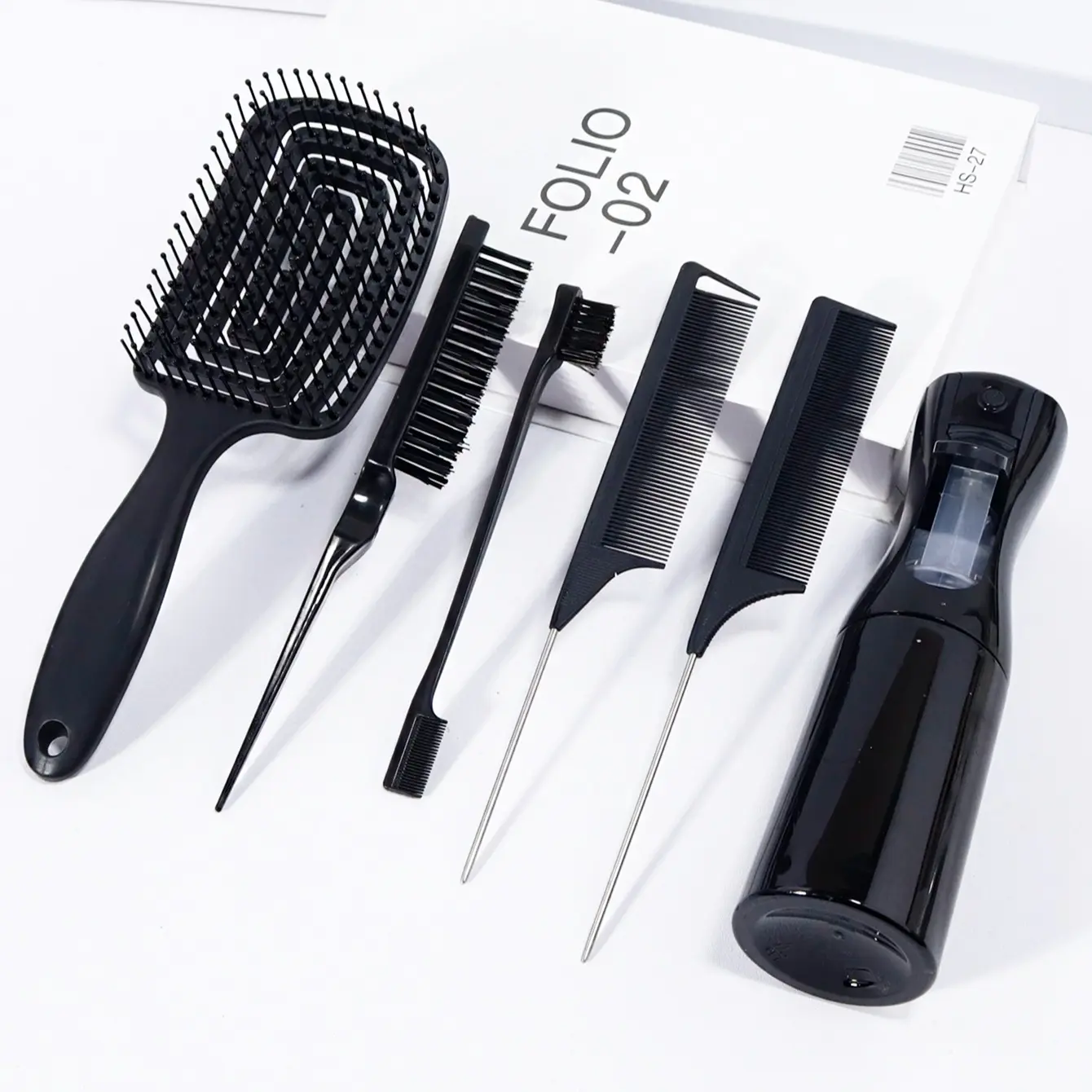 6-Piece Hair Styling Tool Set, Heatless Styling Tool, Hair Tools for Styling, Hair Care Tool, Hollow Curved Ventilation Comb, Continuous Spray Bottle, Edge Brush, Tail Comb, Ideal for Hairstylists, Haircare