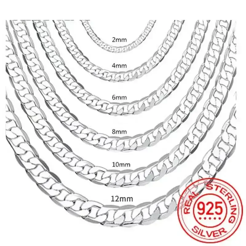 JewelryTop Men's 925 Sterling Silver Necklace 2/4/6/8/10/12MM 40-75cm Chain Lobster Clasp Man And Women Engagement Jewelry