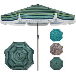 9FT Fringe Patio Umbrella w/ Crank Handle & Push Button Tilt – 8 Fiberglass Ribs, 9′ Stripe,1.5″ Premium Steel Pole – Outdoor Large Tassel Umbrella for Patio, Beach, Pool, Backyard