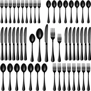 30/60 Pcs Black Silverware Set, Stainless Steel Flatware Set Include Fork Knife Spoon, Mirror Polished Cutlery Utensil Sets, Eating Tableware Sets For Hotel And Restaurant, Dishwasher Safe