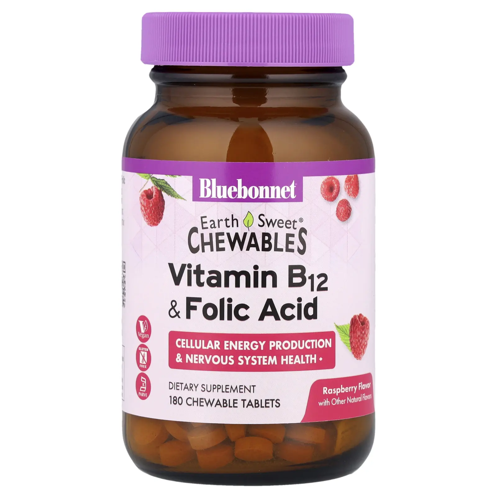 Bluebonnet Nutrition EarthSweet® Chewables, Vitamin B-12 & Folic Acid, Raspberry, 180 Chewable Tablets