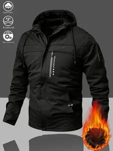 Men's Heavyweight Full-Zip Hooded Jacket, Winter Long-Length Zipper Coat, Windproof High-Quality Outerwear, Machine Washable Shell, Men's Jacket with Lining and Filling, Solid Black Design Suitable for Autumn and Winter, Casual and Outdoor Wear