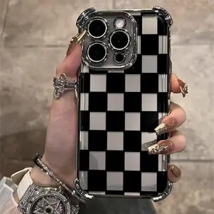 Black Checkered TPU Phone Case for iPhone Samsung Galaxy 17 Air 16Pro Max 15 14Plus 13 12 11 XR XS S25 S24 S23 Simple Stylish Camera Protection Shockproof Anti-Drop Durable