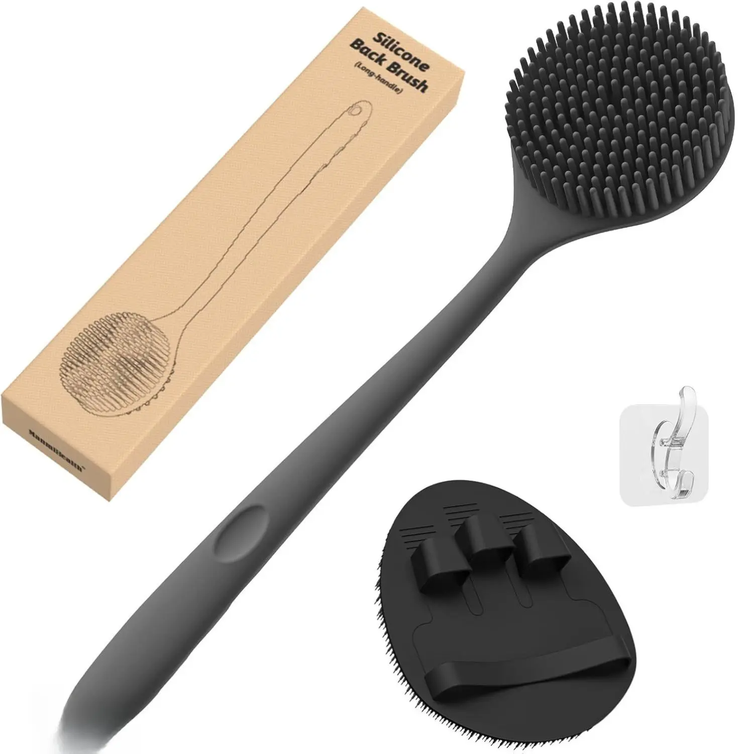 Silicone Back Scrubber(Thick Bristles) & Soft Bath Glove Set, Super-Exfoliating Body Scrubber & Super-Lathering Shower Brush Combination, with a Free Hook.(Black)