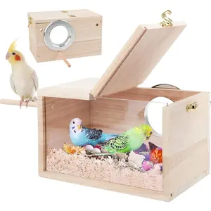 Parakeet Nesting Box Transparent Design, Thwartwise Bird Nest Breeding Box with Perch Wood Bird C House for Cockatiel Lovebirds Budgie Finch Parrotlets Canary S