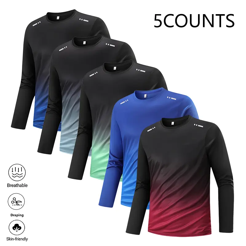 LIFE KEEPS MOVING Men’s Long Sleeve Gym Training Shirts, Pack of 5 — breathable, skin-friendly athletic casual tops with gradient colors, relaxed fit design; sports casual gym training apparel
