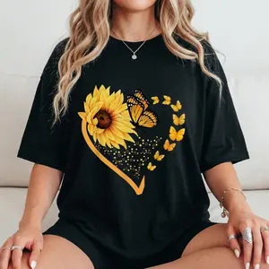 100% Cotton Sunflower & Monarch Butterfly Heart Graphic Tee, Cute Nature Floral Print Top, Boho Yellow Flower Casual Shirt, Soft Breathable Summer Daily Outfit