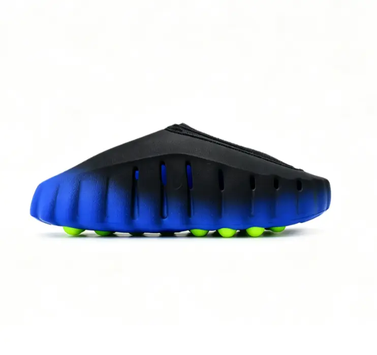black blue gradient mecha style thick sole acupoint massage mules skin friendly breathable fabric upper fluorescent green spherical anti slip bump outsole athlete pre competition relief repair slip on recovery slides