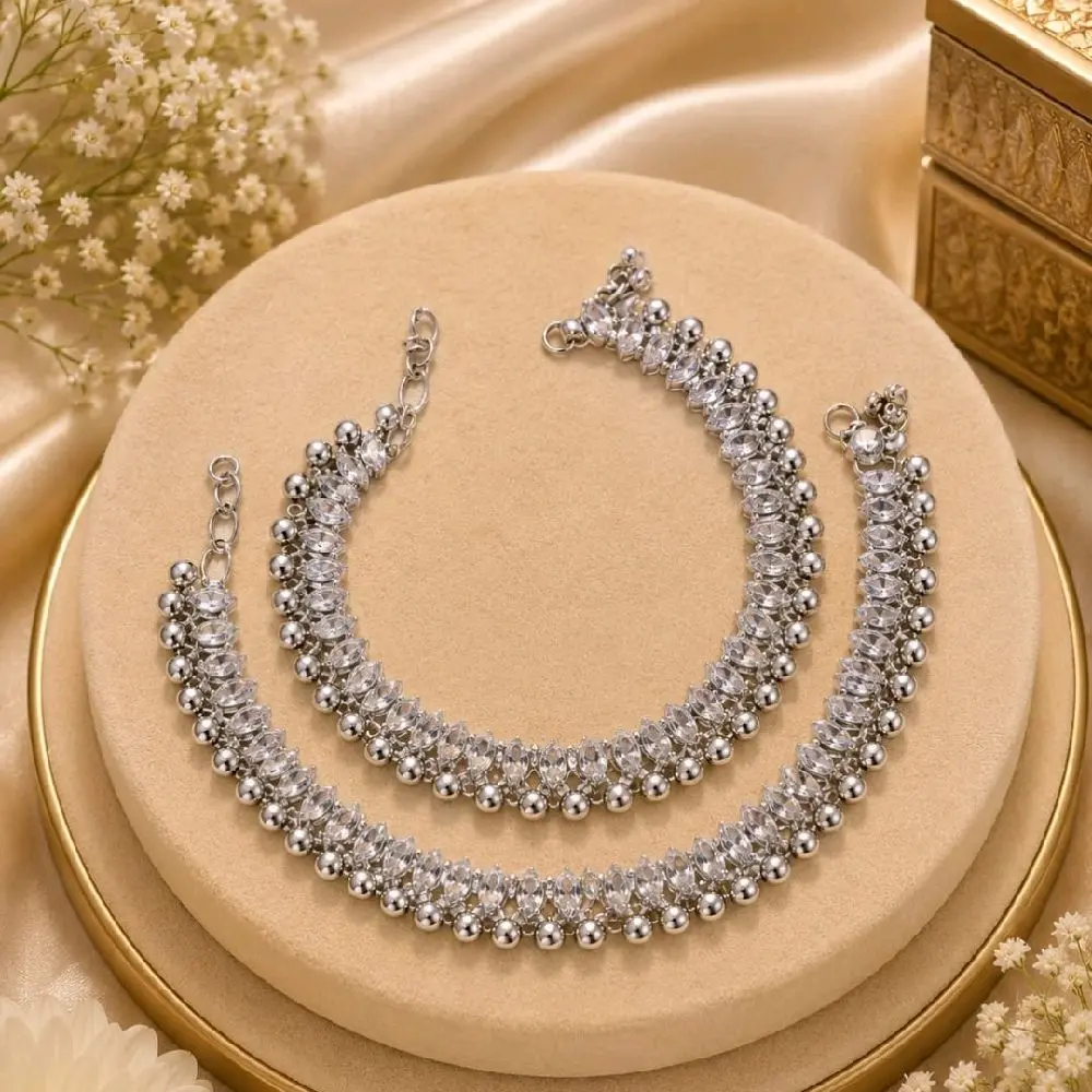 Beautiful Silver polki design anklets