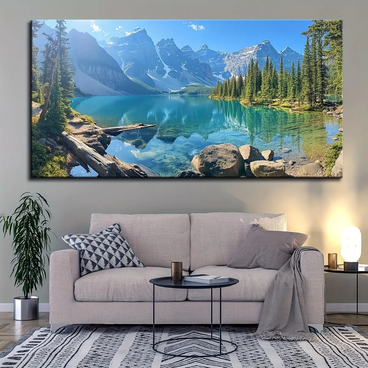 pine solid wood frame, Colorado mural, snow capped mountains and Moran Lake National Park, landscape modern art artwork oil painting, canvas print, living room home decoration painting Ornaments Photo Artistic Wall