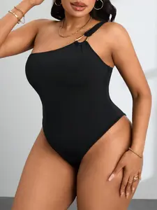 Plus Size One-Shoulder Metal Ring High Split Bodysuit, Waist Cinching Slimming Design, Perfect for Summer Daily Wear and Beach Vacation