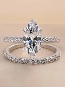 2 PC/Set Shiny Marquise Zircon Rings for Women, Bridal ring sets, Marquise Cut Ring, Wedding Engagement Cubic Zirconia Promise Ring Ladies Jewelry for Party Daily Decor Accessories as Anniversary Birthday Gift for Girlfriend