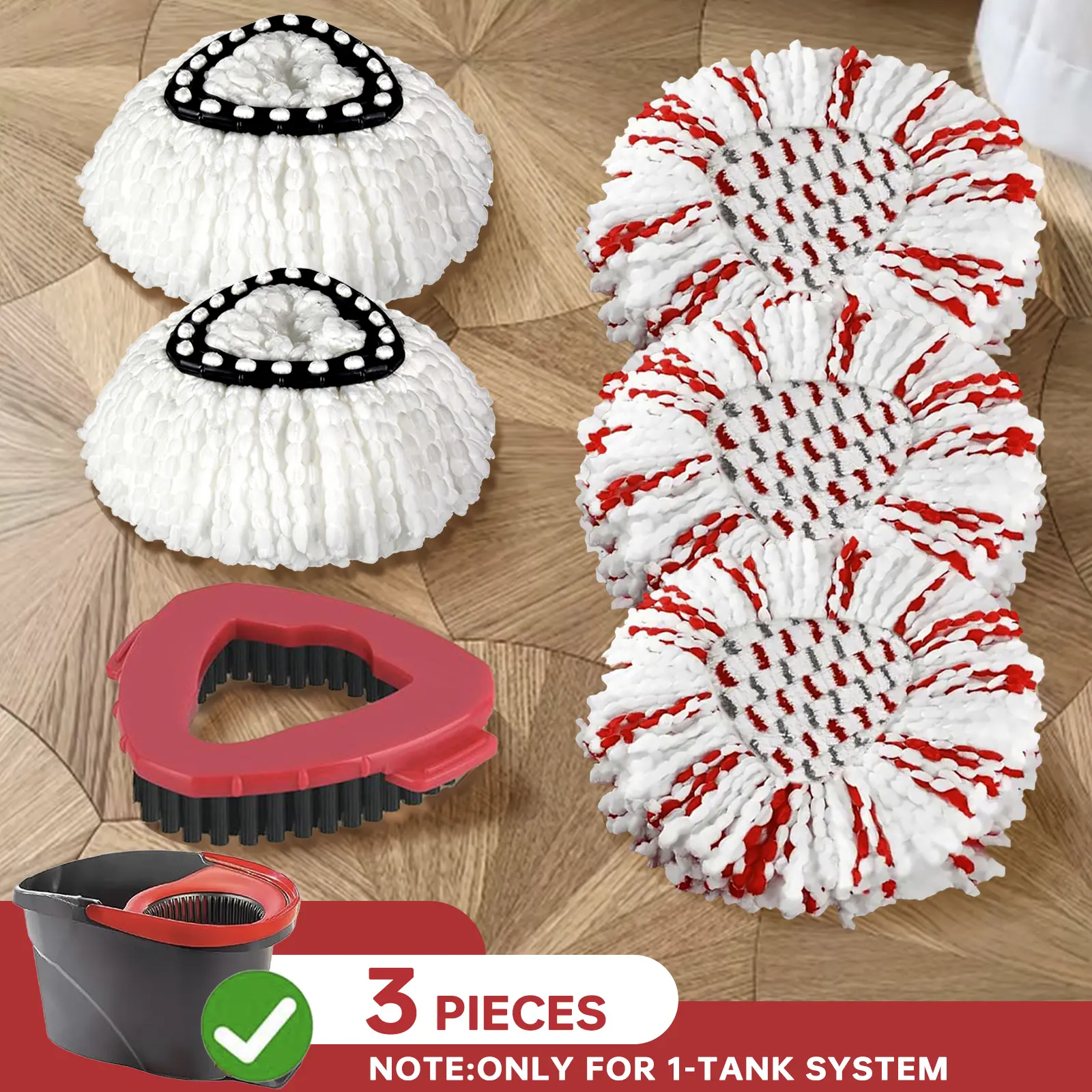 3 O-Cedar replacement kits, each set includes 2 mop heads and 1 hard bristle cleaning brush or upgraded 3-piece sealed mop heads, designed specifically for the O-Cedar EasyWring single bucket system. Easily remove stubborn stains.