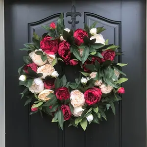 Artificial Peony Flower Wreath, Flowers with Leaves, Indoor Outdoor Decor, Window Door Decoration