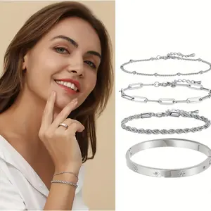 4PCS Women Dainty Bracelets Set, Adjustable Stackable Bracelets, Cubic Zirconia Layered Cuff Bangle Chain Bracelets, Stylish Simple Jewelry Gift