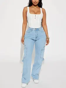 Step By Step Utility Straight Leg Jeans - Light Wash