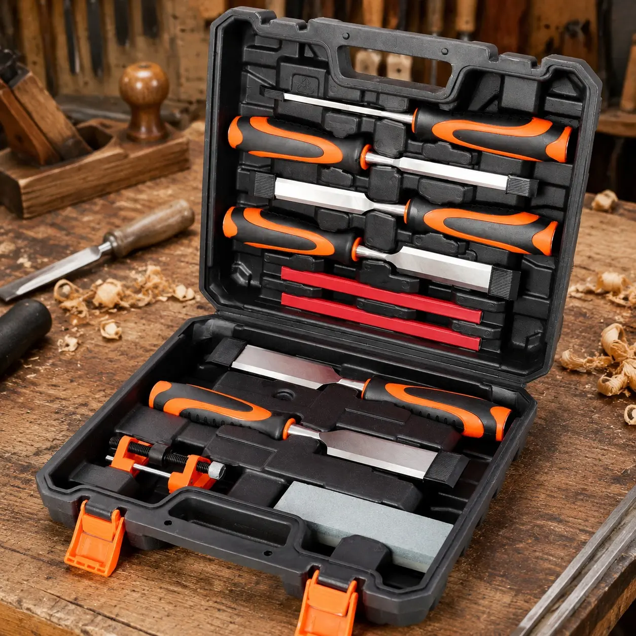 Littleox 10Pcs Premium Wood Chisel Set – 6 Wood Chisels, 1 Honing Guide, 1 Sharpening Stone & 2 Carpenter Pencils,45# Carbon Steel Blades
