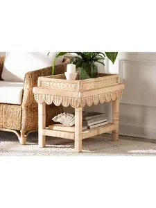 212 MAIN Natural Rattan End Table - Handwoven Texture, Scalloped Edge, Fully Built Coastal Boho Accent Table with Removable Tray Top, Open Shelf for Living Room, Bedroom