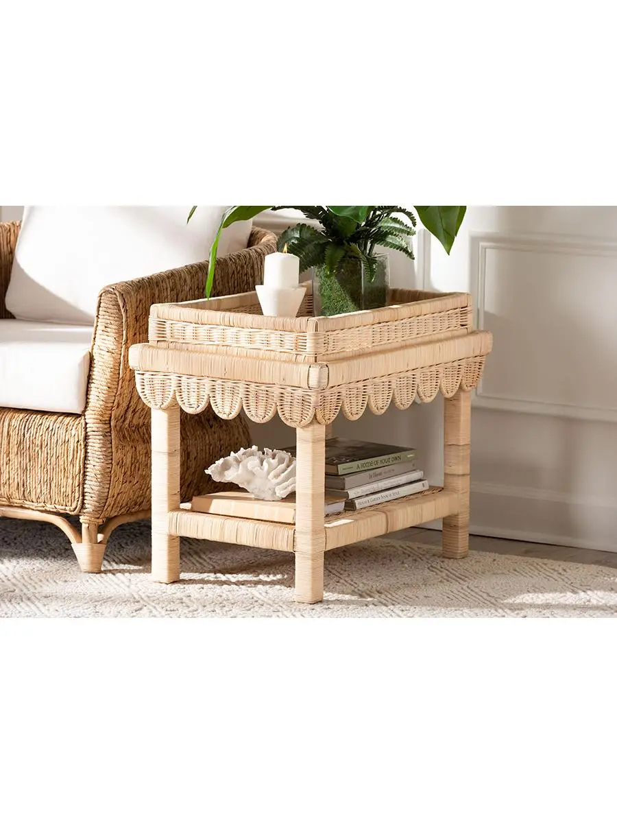 212 MAIN Natural Rattan End Table - Handwoven Texture, Scalloped Edge, Fully Built Coastal Boho Modern Accent Table, Rattan Nightstand with Removable Tray Top, Open Shelf for Living Room, Bedroom, Rattan Nightstands