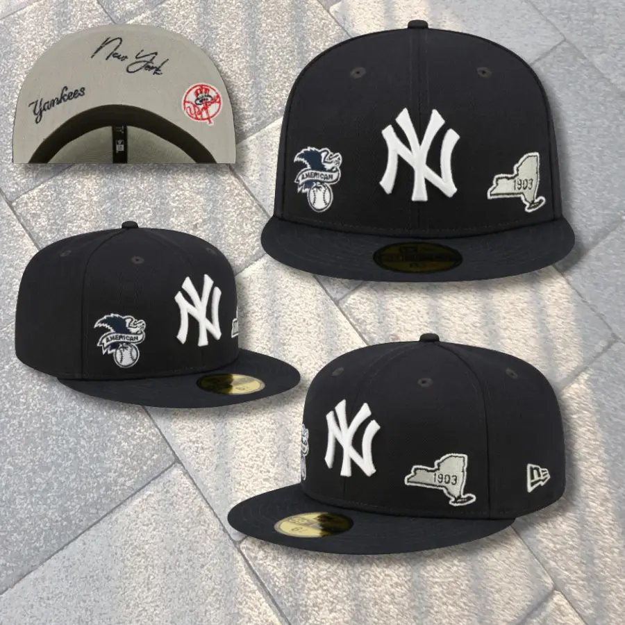 New Era New York Yankees 59FIFTY Fitted Baseball Cap – MLB Flat Brim Hat with Raised White NY Logo, 1903 New York State Patch, American League Side Embroidery & Grey Undervisor