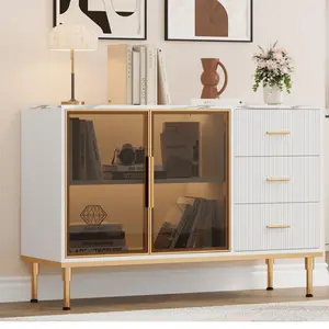 Garvee Buffet Sideboard Cabinet with Storage, 46.4" Large Fluted Kitchen Sideboard Cabinet featuring 2 Glass Doors, 3 Drawers, Shelves, and Faux Marble Top. Available in White and Black, ideal for Dining or Living Room.