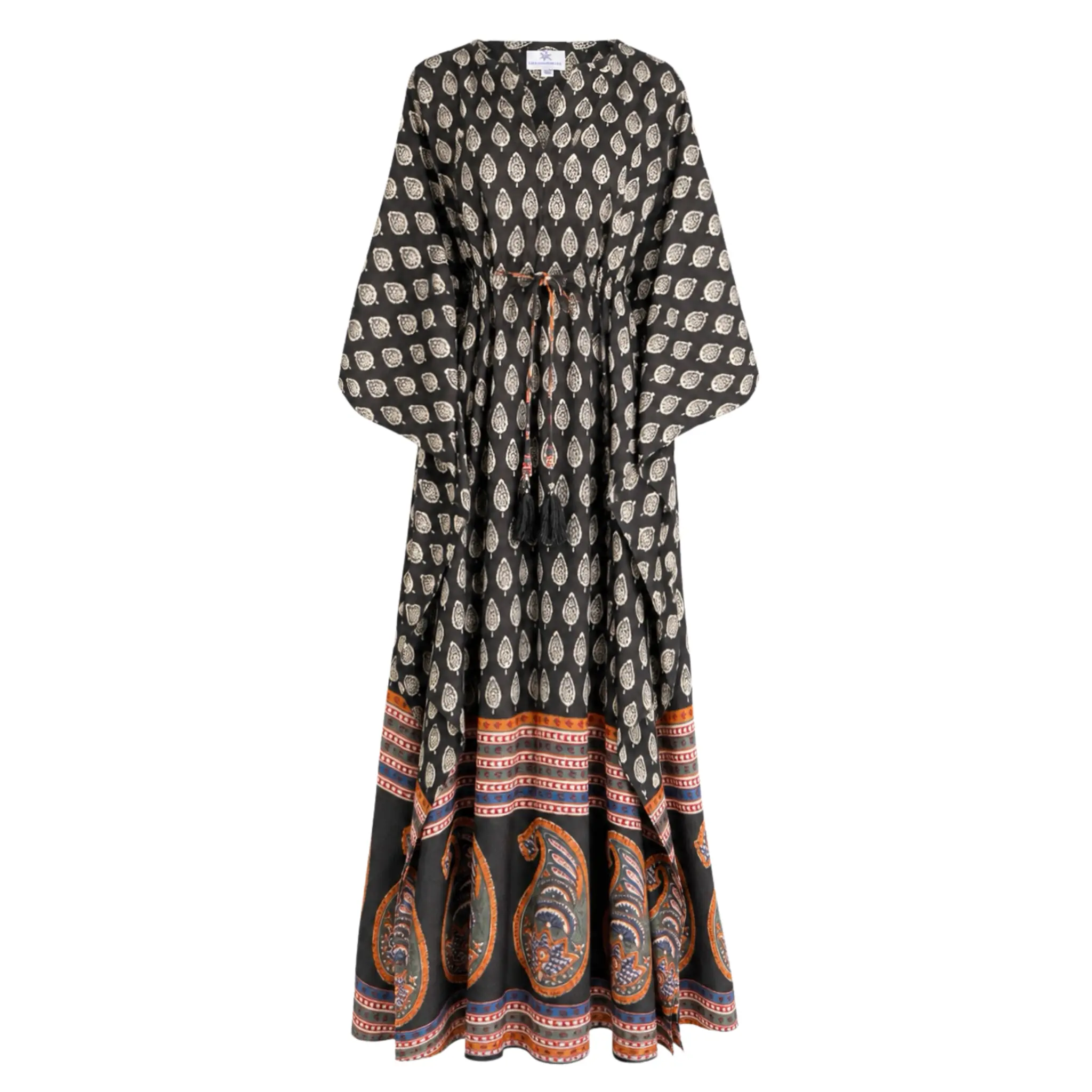 Black Pompeii Paisley Mid Calf Kaftan Dress