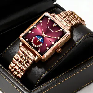 V-084 Women's Analog Quartz Stainless Steel Square Watch - Analog Clock, Round Face, Authentic, Diamond-Accented, Sun-Moon-Stars Design, Versatile for Casual & Sports Wear, Fashionable Business Accessory