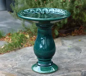 LuxenHome Dark Green Flower 21.65"H Ceramic Birdbath