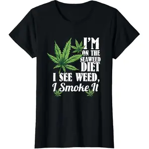 🌿[100% Cotton][Graphic Tee]Funny Marijuana T-Shirt, "See Weed, Smoke It" Stoner Slogan Tee, Casual Black Crewneck Shirt, Soft & Breathable Cotton Fabric, Comfy Streetwear, Classic Short Sleeve Top, Ideal for Relaxed Days, Trendy Stoner Apparel