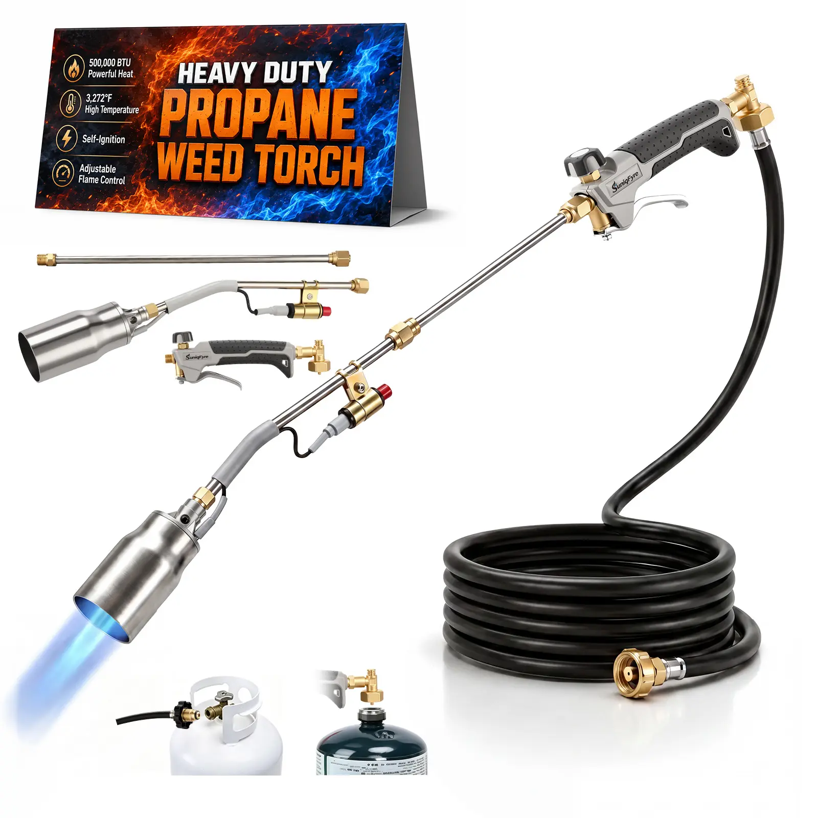 High Output Propane Weed  Torch Burner Kit, 500,000 BTU Heavy Duty Weed Burner with 2 Extension Modes&Self Igniter&Turbo Trigger&10ft Hose, Multi-Fuel Compatible for Weeds, Ice Melting，Asphalt Work, Burning Brush (Tank not included)