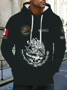 Men's Mexican Flag Graphic Print Hoodie, Eagle Graphic, All Seasons Streetwear, Casual & Formal Wear, Durable Fabric, Patriotic Fashion