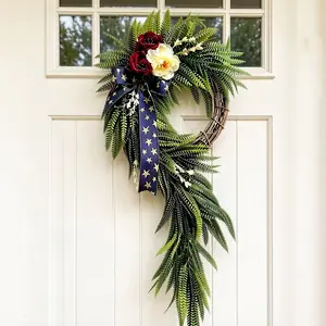 July 4th Wreath, Blue Patriotic Theme Artificial Wreath, Decorative Wreath, Independence Day Decoration, Rural Style Indoor Outdoor Decor