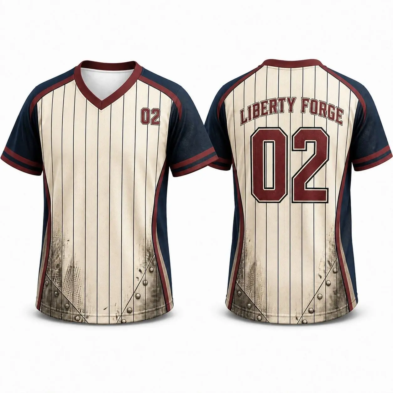 Navy Cream Burgundy Vintage Baseball Inspired V Neck Mesh Shirt, Vintage Pinstripe and Rivet Texture All Over Print Short Sleeve Athletic Jersey, Unisex Streetwear for Men and Women
