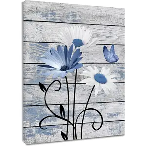 2D Flat Farmhouse Floral Wall Art for Living Room, Blue and White Daisy Flower and Butterfly on Rustic Wood Board Canvas Wall Art Framed Artwork Ready to Hang for Bathroom Bedroom Decor