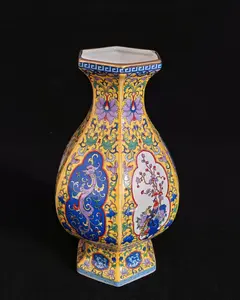 10" Yellow-Ground Famille Rose Medallion Interlocking Lotus & Kui Dragon Hexagonal Vase for Decorative Use